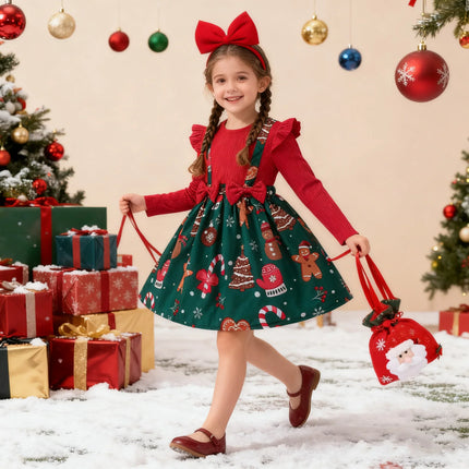 Girl's New Year Red Patchwork and Christmas Deer Print Casual Dress