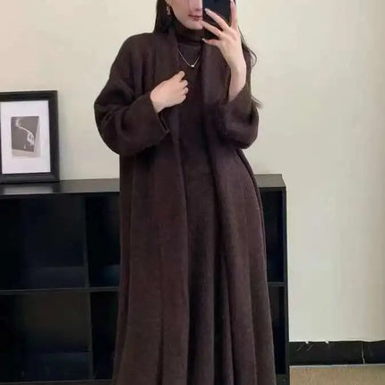 Elegant Knitted 3 Piece Set Women Long Cardigan Coat Sleeveless Vest High Waist A-line Long Skirt