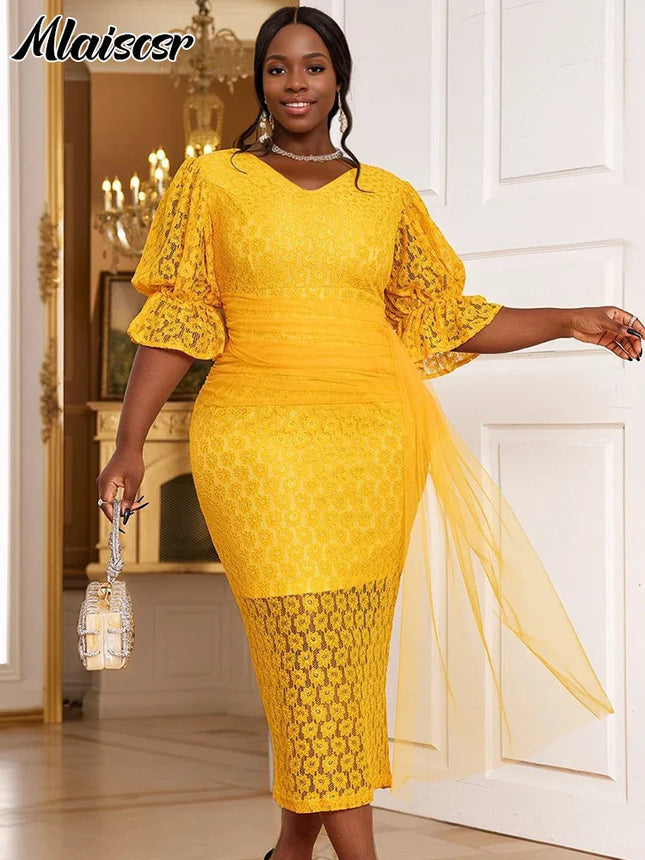 Mlaiscsr Yellow Birthday Prom Floral Lace Puff Sleeve See-Through Midi Dresses