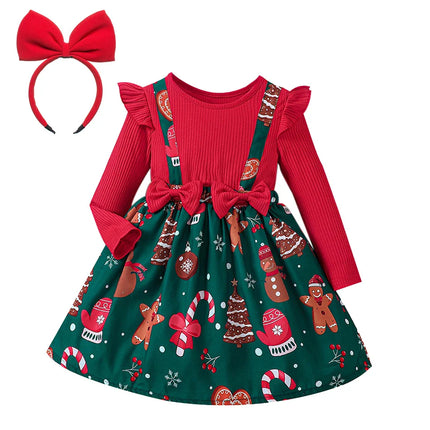 Girl's New Year Red Patchwork and Christmas Deer Print Casual Dress