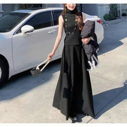 Elegant Knitted 3 Piece Set Women Long Cardigan Coat Sleeveless Vest High Waist A-line Long Skirt