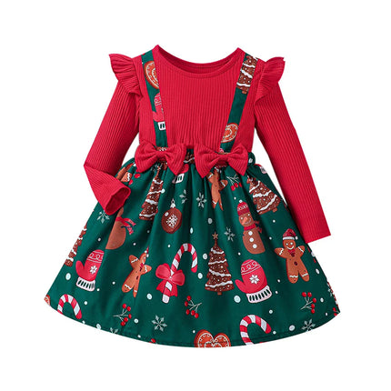 Girl's New Year Red Patchwork and Christmas Deer Print Casual Dress