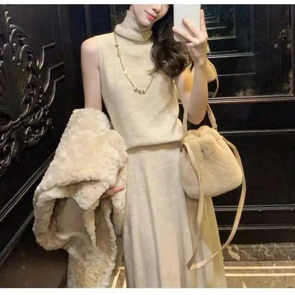Elegant Knitted 3 Piece Set Women Long Cardigan Coat Sleeveless Vest High Waist A-line Long Skirt