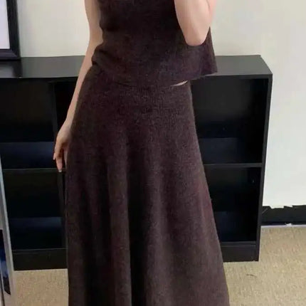 Elegant Knitted 3 Piece Set Women Long Cardigan Coat Sleeveless Vest High Waist A-line Long Skirt