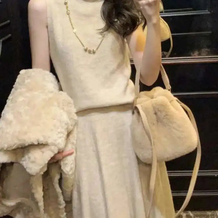 Elegant Knitted 3 Piece Set Women Long Cardigan Coat Sleeveless Vest High Waist A-line Long Skirt