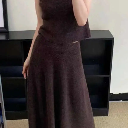Elegant Knitted 3 Piece Set Women Long Cardigan Coat Sleeveless Vest High Waist A-line Long Skirt