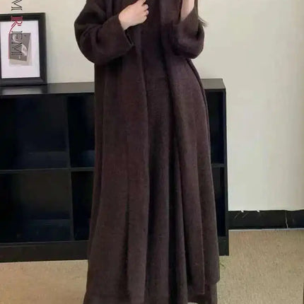 Elegant Knitted 3 Piece Set Women Long Cardigan Coat Sleeveless Vest High Waist A-line Long Skirt