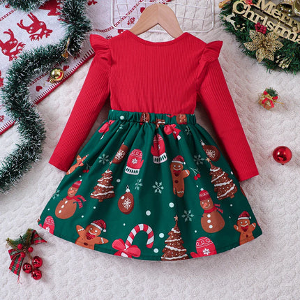 Girl's New Year Red Patchwork and Christmas Deer Print Casual Dress
