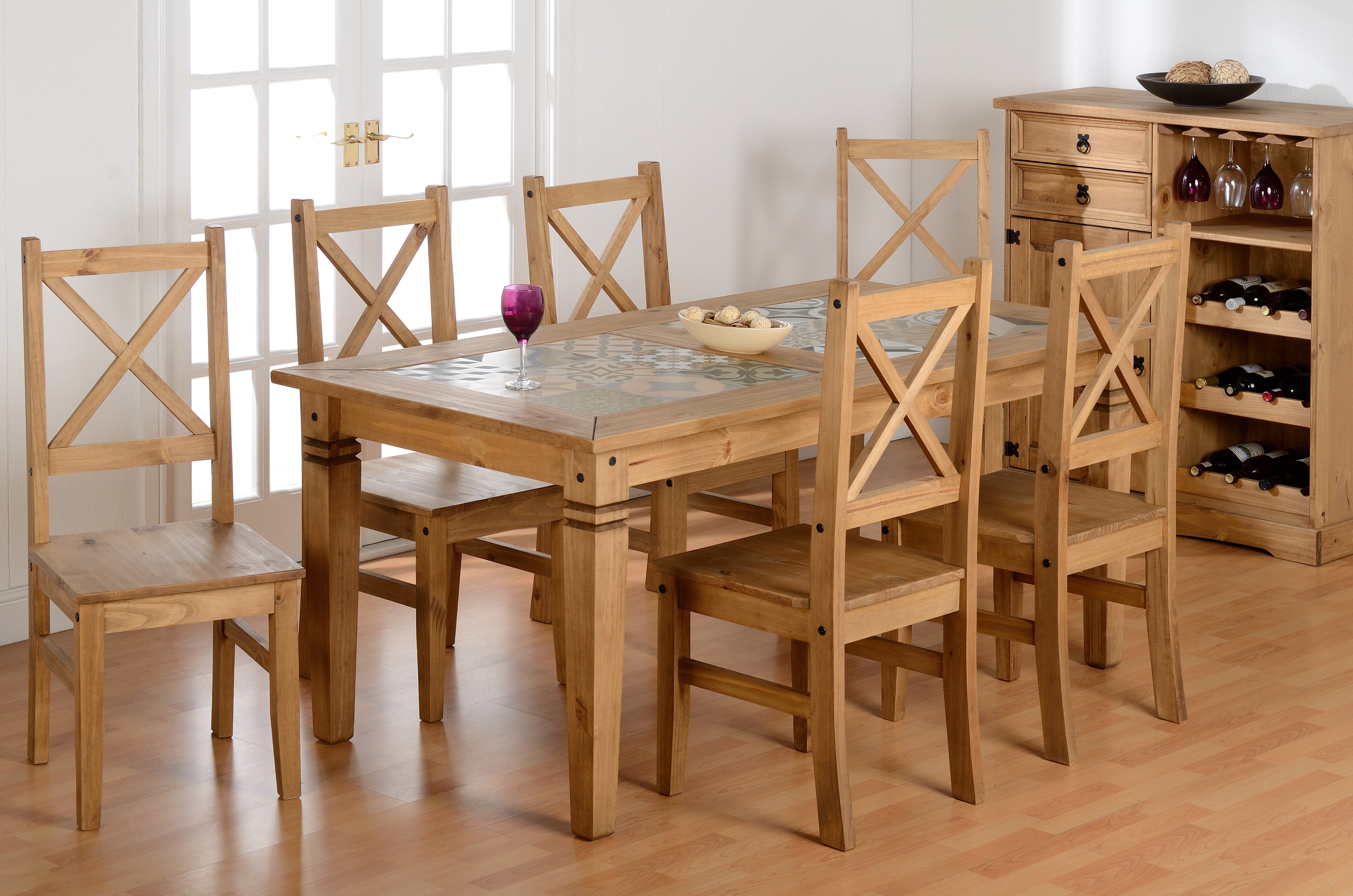 Salvador Tile Top Dining Set of 6 Chairs in Distressed Waxed Pine