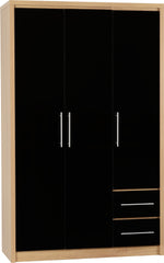 Seville 3 Door 2 Drawer Wardrobe - Black High Gloss/Light Oak Effect Veneer