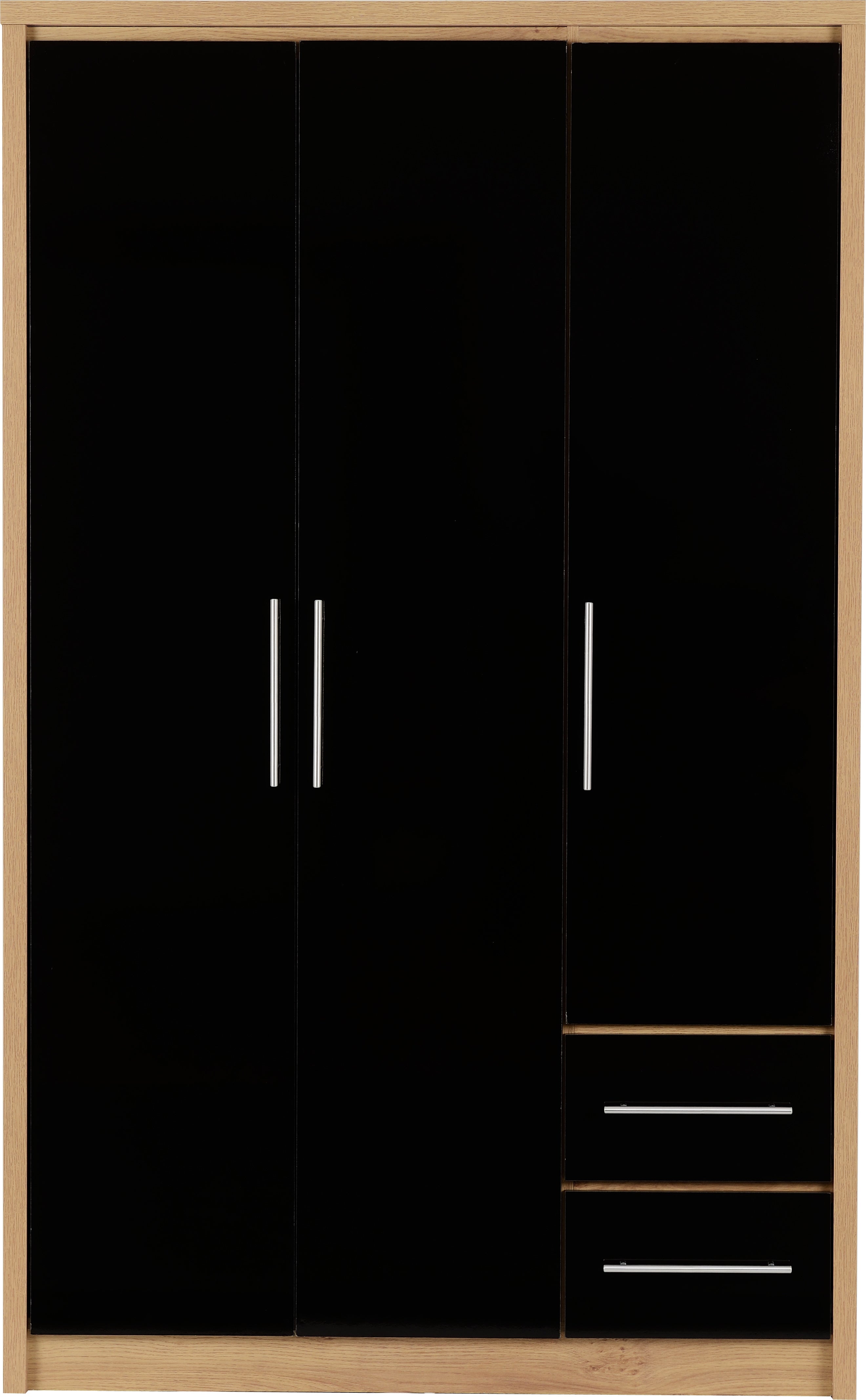 Seville 3 Door 2 Drawer Wardrobe - Black High Gloss/Light Oak Effect Veneer