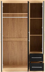 Seville 3 Door 2 Drawer Wardrobe - Black High Gloss/Light Oak Effect Veneer