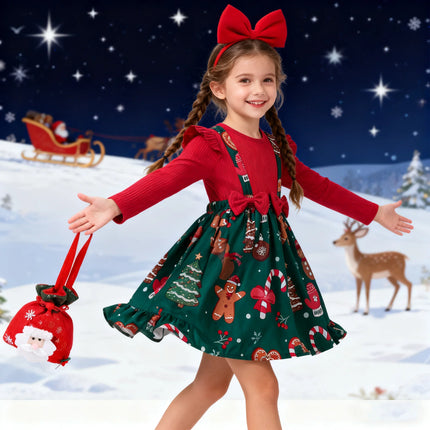 Girl's New Year Red Patchwork and Christmas Deer Print Casual Dress