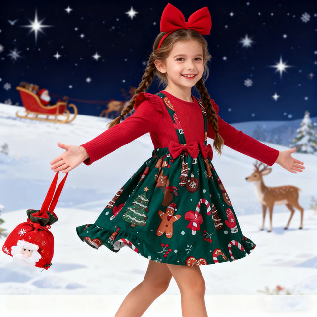 Girl's New Year Red Patchwork and Christmas Deer Print Casual Dress