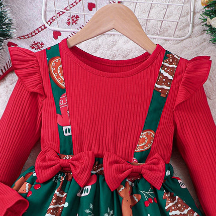 Girl's New Year Red Patchwork and Christmas Deer Print Casual Dress