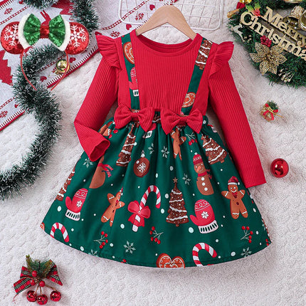 Girl's New Year Red Patchwork and Christmas Deer Print Casual Dress