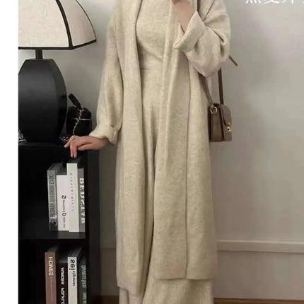 Elegant Knitted 3 Piece Set Women Long Cardigan Coat Sleeveless Vest High Waist A-line Long Skirt