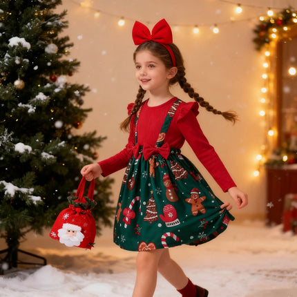 Girl's New Year Red Patchwork and Christmas Deer Print Casual Dress