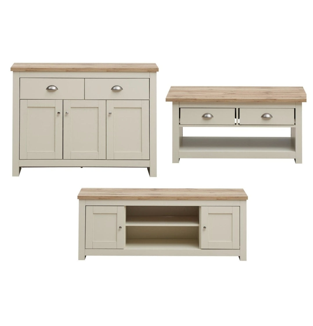 Lisbon Living Room 3 Piece Set (TV Unit  2 Doors 1 Shelf, 3 Doors & 2 Drawer Sideboard, 2 Drawer Coffee Table) Cream