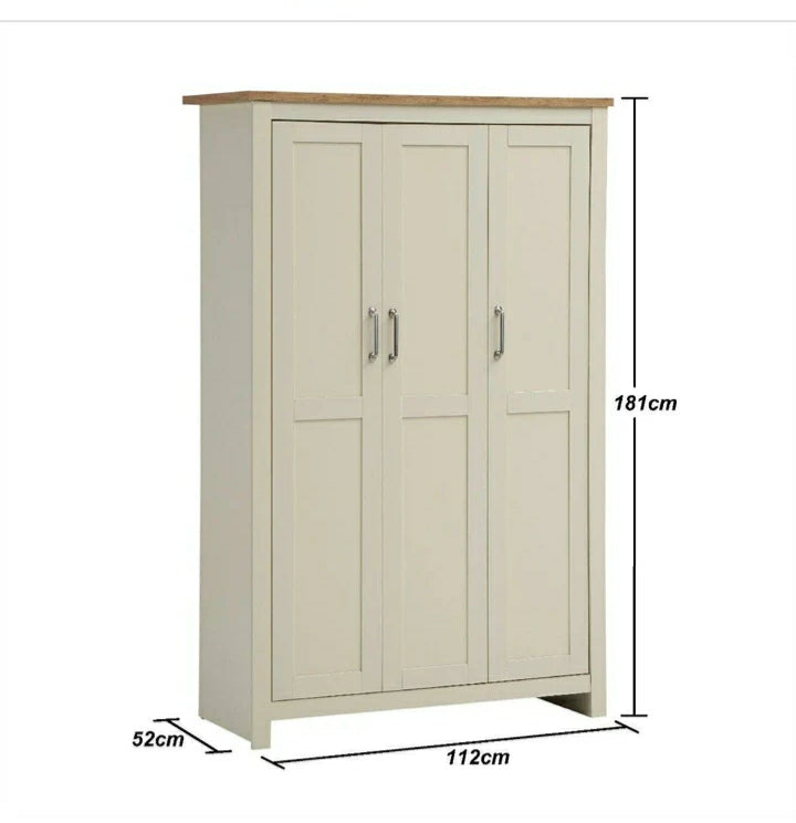 Lisbon Cream/Oak-Grey/Oak 3 Piece Set (3 Door Wardrobe, 3+4 Chest, 2 Drw Bedside