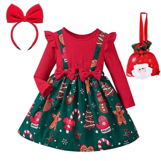 Girl's New Year Red Patchwork and Christmas Deer Print Casual Dress