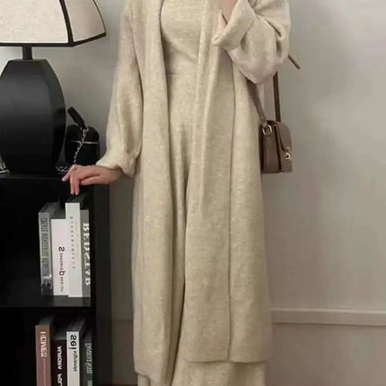 Elegant Knitted 3 Piece Set Women Long Cardigan Coat Sleeveless Vest High Waist A-line Long Skirt