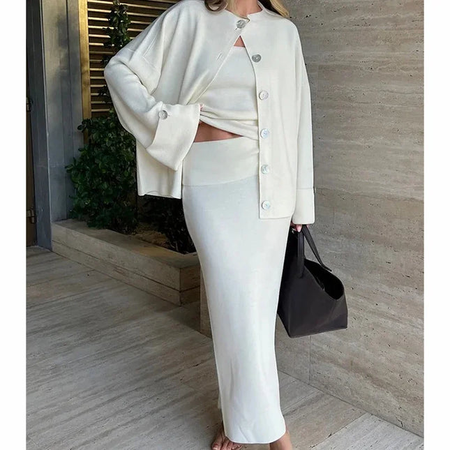 Women's Fashion Three Piece Set Solid Knitted Vest Long Sleeve Single Breasted Coat Chic Maxi Skirt Outfit Winter Casual Dress