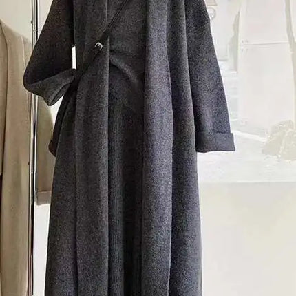 Elegant Knitted 3 Piece Set Women Long Cardigan Coat Sleeveless Vest High Waist A-line Long Skirt