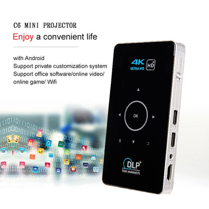 C6 1G+8G Android System Intelligent DLP HD Mini Projector Portable Home Mobile Phone Projector，, US Plug  (Black), EU Plug (Black), UK Plug (Black), AU Plug (Black), US Plug (White), AU Plug (White)