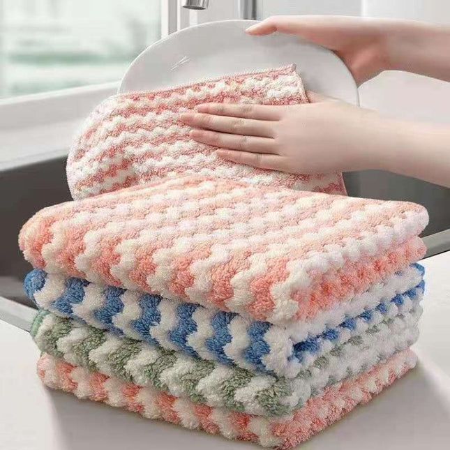 10 PCS Absorbent Wave Dish Cloth Rag Non-stick Oil Coral Velvet Dish Towel Random Color(30 x 30cm)