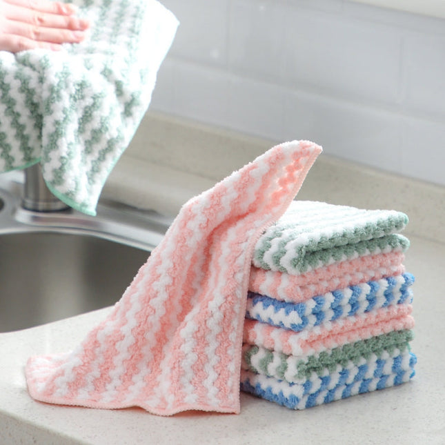 10 PCS Absorbent Wave Dish Cloth Rag Non-stick Oil Coral Velvet Dish Towel Random Color(30 x 30cm)
