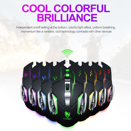 T-WOLF Q13 2.4GHz 6-keys RGB Colorful Light Gaming Wireless Mouse, Color: Dual Mode Black