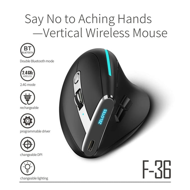 ZELOTES F36 9-Keys Vertical Grip Ergonomic Programming Dual Bluetooth + 2.4G Wireless Mouse(White)