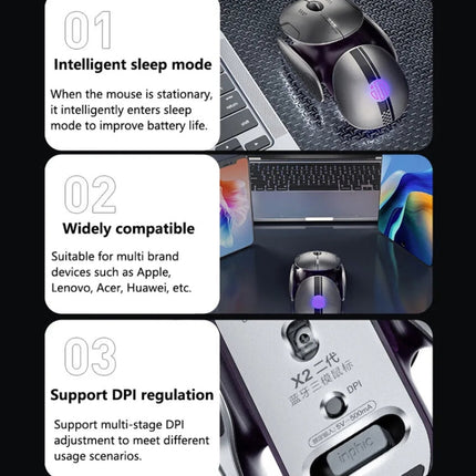 Inphic X2 Bluetooth Wireless Mouse Tri-Mode Silent Rechargeable Office Gaming Laptop Mouse(Liquid Metal Gray)