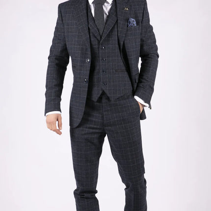AK-13 - Men's Tweed 3 Piece Suit Blue Check 1920s Gatsby Blinders