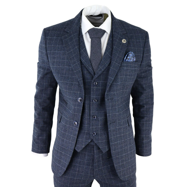 AK-13 - Men's Tweed 3 Piece Suit Blue Check 1920s Gatsby Blinders