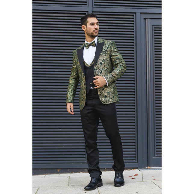 AK-28 - Men's 3 Piece Green Paisley Wedding Suit