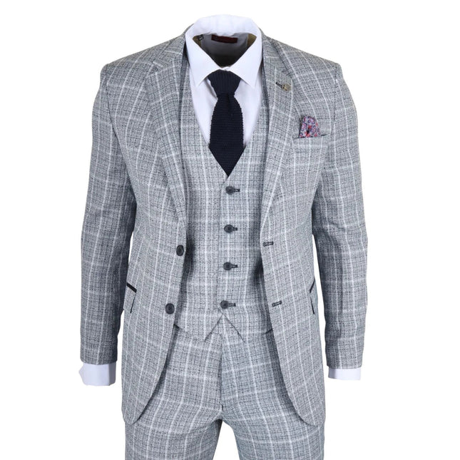 IM11 - Men's Light Blue 3 Piece Plaid Check Suit