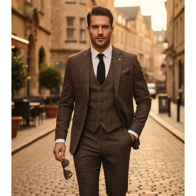 IM11 - Men's Dark Brown 3 Piece Plaid Check Suit