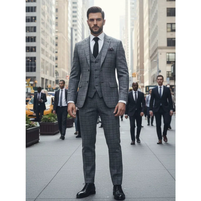 IM11 - Men's Charcoal 3 Piece Tailored Fit Check Suit