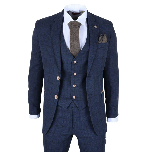 IM11 - Men's Navy 3 Piece Plaid Check Suit