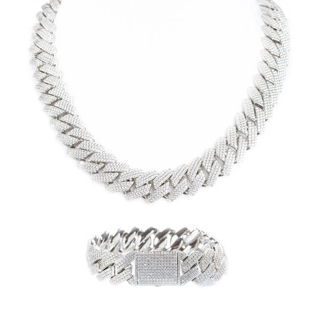 19mm Iced Prong Cuban Chain + Bracelet - White Gold
