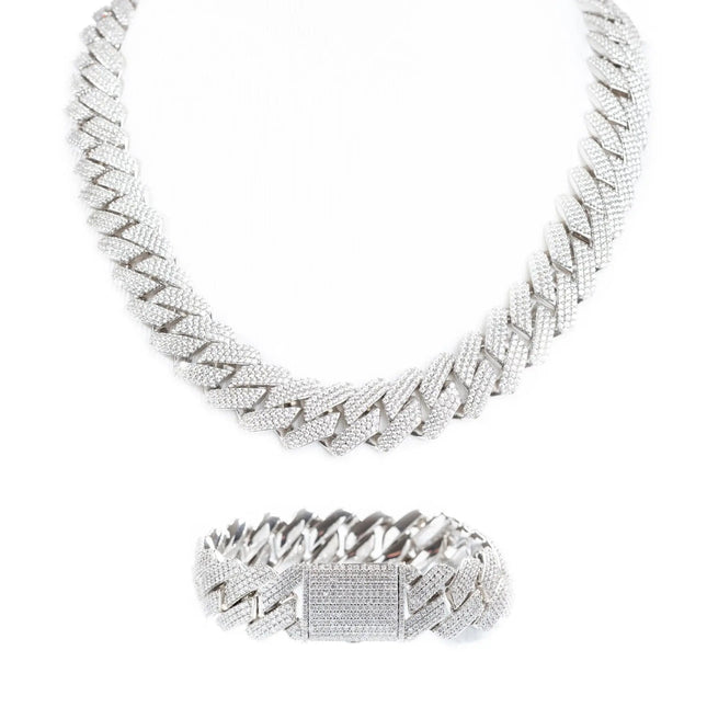 19mm Iced Prong Cuban Chain + Bracelet - Silver