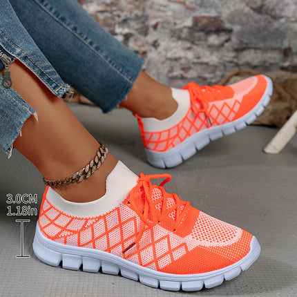 Colorblock Plaid Lace-Up Flyknit Sneakers Ins Mesh Casual Shoes Fashion Breathable Walking Running Sports Shoes For Women