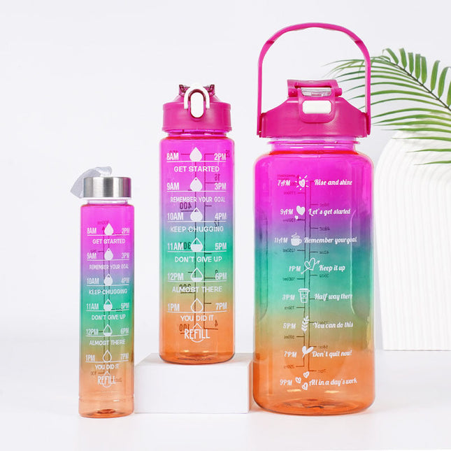 3-in-1 Gradient Color Motivational Water Bottles Set Plastic Straw Double Drink Translucent Outdoor Sports Bottle