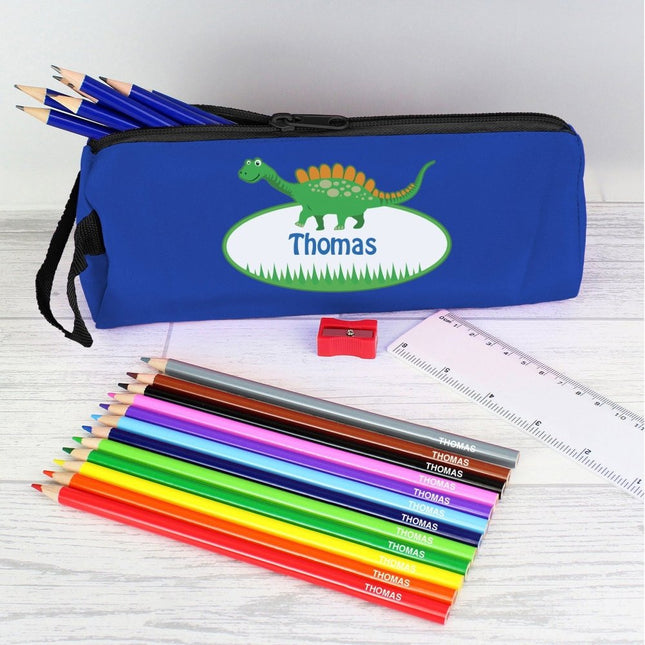 Blue Dinosaur Pencil Case With Personalised Pencils & Crayons