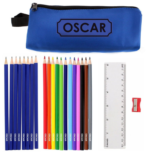 Blue Pencil Case With Personalised Pencils & Crayons