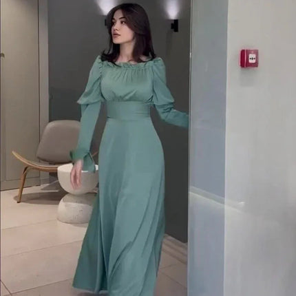 Bubble Collar Wooden Ear Waist Tight Solid Color Long Sleeve Dress