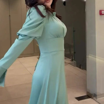 Bubble Collar Wooden Ear Waist Tight Solid Color Long Sleeve Dress