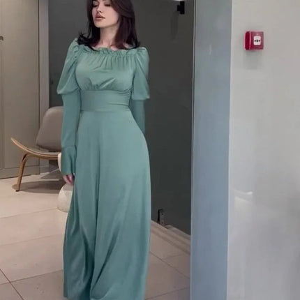 Bubble Collar Wooden Ear Waist Tight Solid Color Long Sleeve Dress